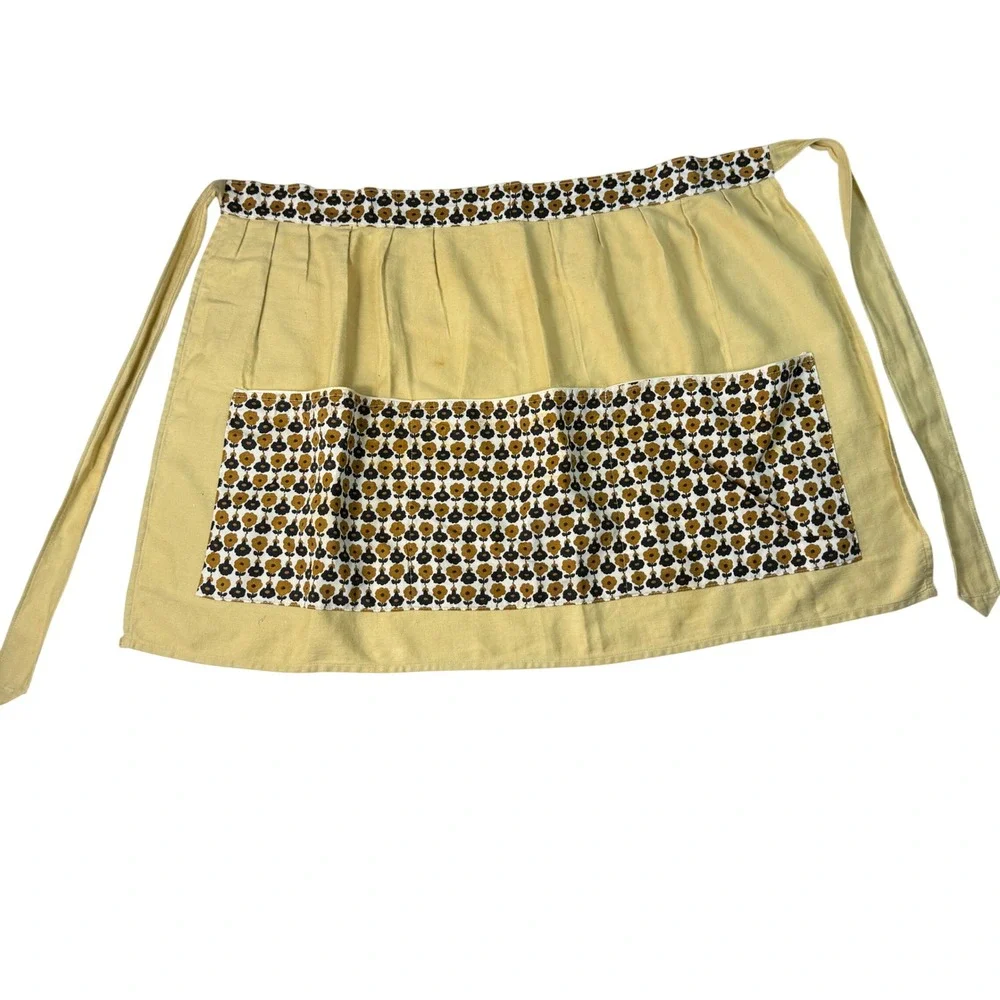 Vintage 70s Handmade Half Apron‎ Yellow Brown Floral Pocket Retro Cottagecore